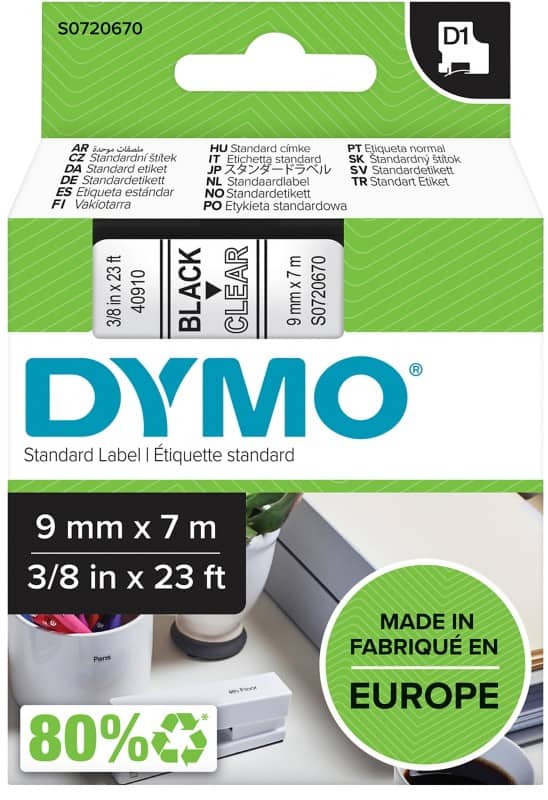 Ruban d'étiquettes DYMO D1 Authentique 40910 2027786 Autocollantes Noir sur Transparent 9 mm x 7 m