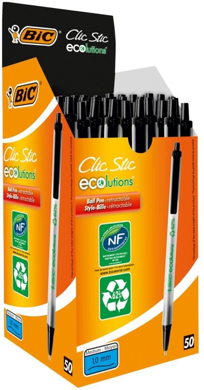 Stylo-bille BIC ECOlutions Clic Stic Rétractable Noir 0,4 mm Moyen Bille 62% Recyclé 50 Unités