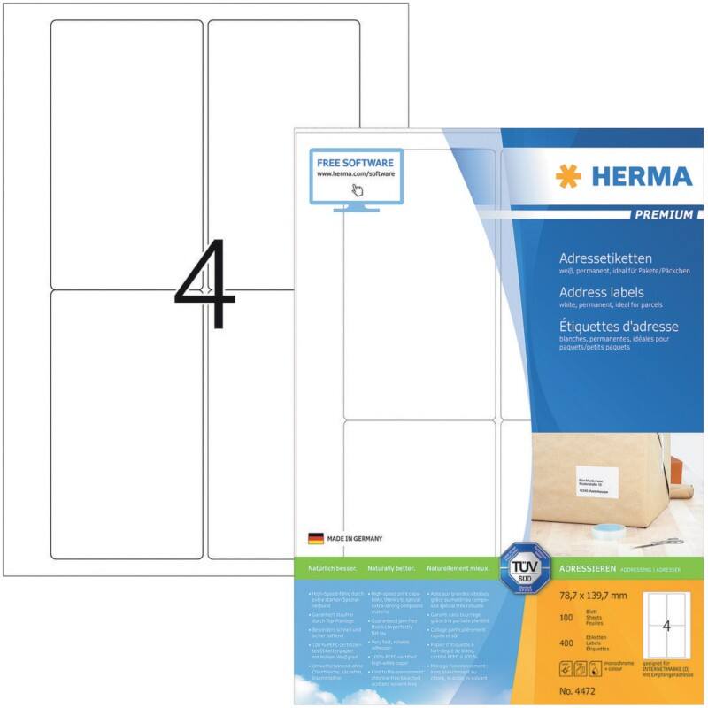 HERMA Etiketten 4472 Klevend A4 Wit 78,7 x 139,7 mm  100 Vellen à 4 Etiketten