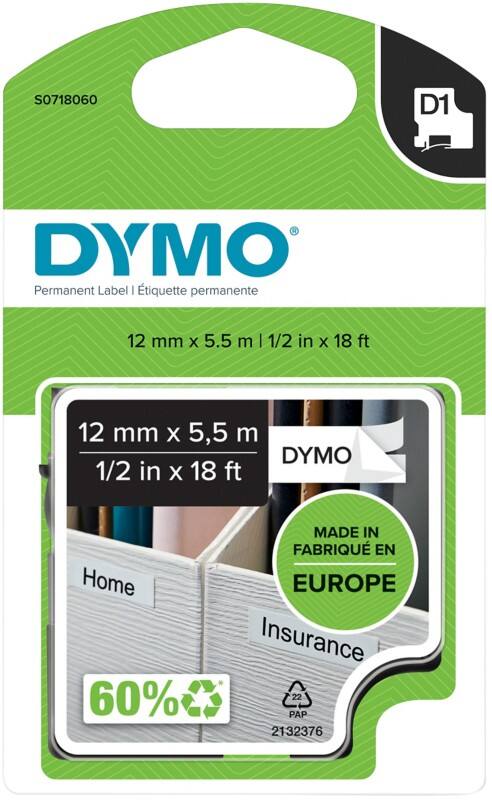 Ruban d'étiquettes D1 DYMO 16959 S0718060 Adhésif Noir sur blanc 12 mm (l) x 5,5 m (L)