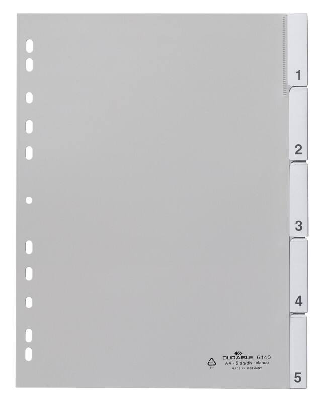 DURABLE 1 tot 5 Numerieke tabbladen A4 Grijs 5 tabs PP (Polypropeen) 11 Gaten 6440