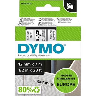 DYMO D1 Etiketteertape Authentiek 45010 S0721440 Zelfklevend Zwart op Transparant 12 mm x 7 m