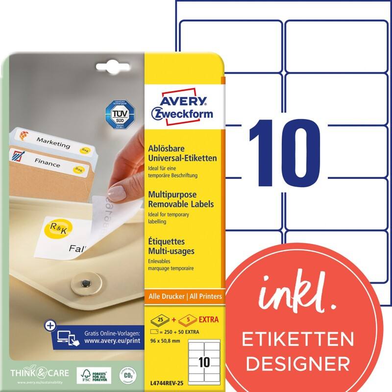 Étiquettes enlevables Avery Stick & Lift Blanc 96 x 50,8 mm 30 Feuilles de 10 Étiquettes