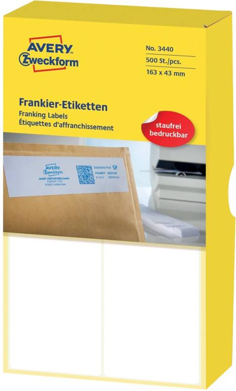 Avery Frankeeretiketten 3440 Klevend Wit 163 x 43 mm 250 Vellen à 2 Etiketten
