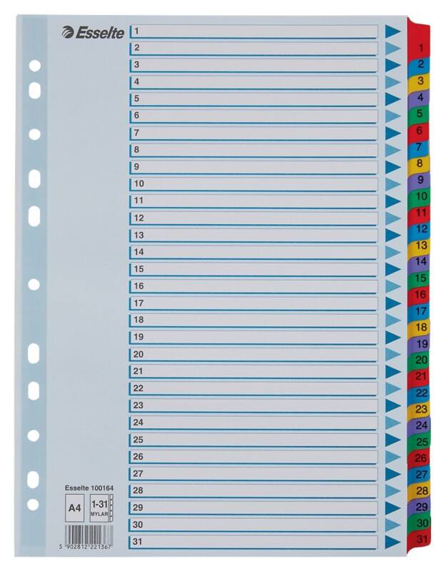 Esselte Mylar Index 100164 A4 Met versterkte tabs Veelkleurig 31 Tabs 11-gaats 160 g/m² Karton 1 tot 31