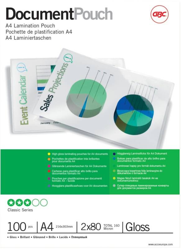 Pochettes de plastification GBC Document A4 Non Adhésif Brillant 80 microns (2 x 80) Transparent 100 Unités de 100 