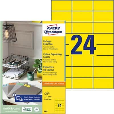 Avery Zweckform 3451 Multifunctional Etiketten 70 x 37 mm Geel Rechthoekig 100 Vellen van 24 Etiketten