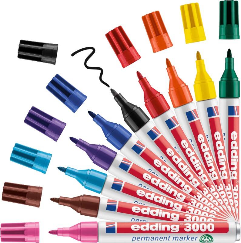 Marqueur permanent edding 3000 100% Recyclé Moyen Ogive 1,5 - 3 mm Assortiment Rechargeable Résistant à l'eau 10 Unités