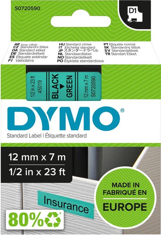 Ruban d’étiquettes Dymo D1 S0720590 / 45019 d’origine Autocollantes Noir sur vert 12 mm x 7 m