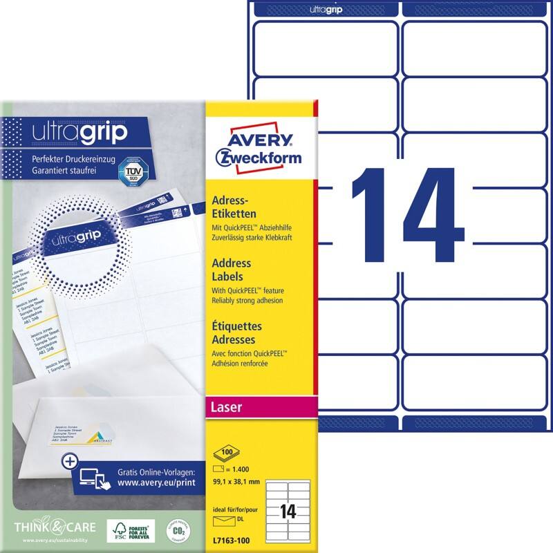 Étiquettes d'adresse Ultragrip Avery L7163-100 Adhésif A4 Blanc 99.1 x 38.1 mm 100 Feuilles de 14 Étiquettes