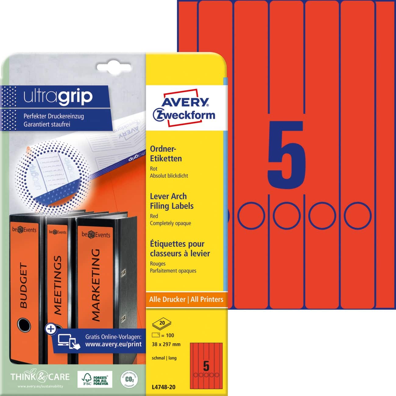 Étiquettes pour dos de classeur AVERY Zweckform UltraGrip L4748-20 3,8 x 29,7 cm Rouge 20 unités de 5 unités