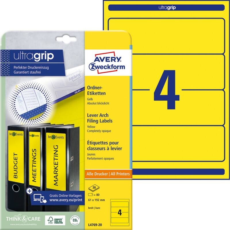 Avery Ultragrip Rugetiket L4769-20 Klevend A4 Geel 61 x 192 mm 20 Vellen à 4 Etiketten