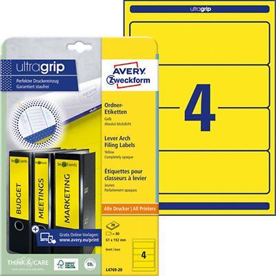 AVERY Zweckform Klasseurrugetiketten Ultragrip L4769-20 Geel A4 61 mm 20 Vellen à 4 Etiketten