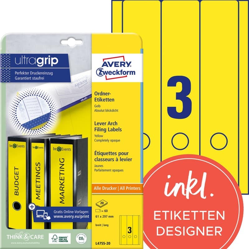 Avery Ultragrip Rugetiket L4755-20 Klevend A4 Geel 6,1 x 29,7 cm 20 Vellen à 3 Etiketten