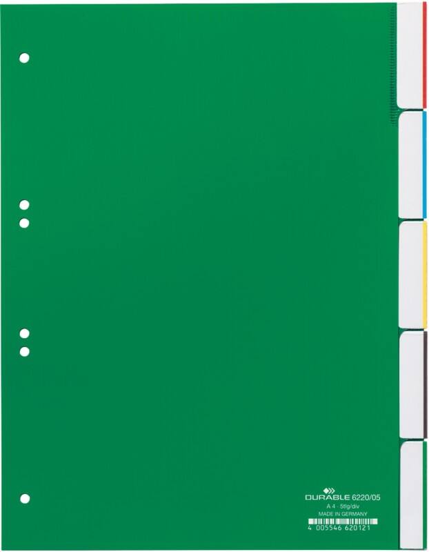Intercalaires vierges DURABLE A4 Vert 5 intercalaires PVC (Polychlorure de vinyle) 6 Perforations 6220