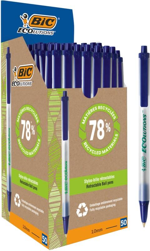 BIC Ecolutions Clic Stic Intrekbaar Balpen Blauw 0,4 mm Medium Balpen 62% Gerecycled 50 Stuks