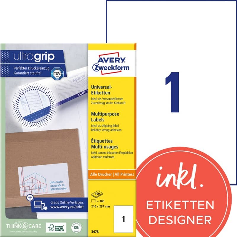 Étiquettes universelles Ultragrip Avery 3478 Adhésif A4 Blanc 210 x 297 mm 100 Feuilles de 1 Étiquettes