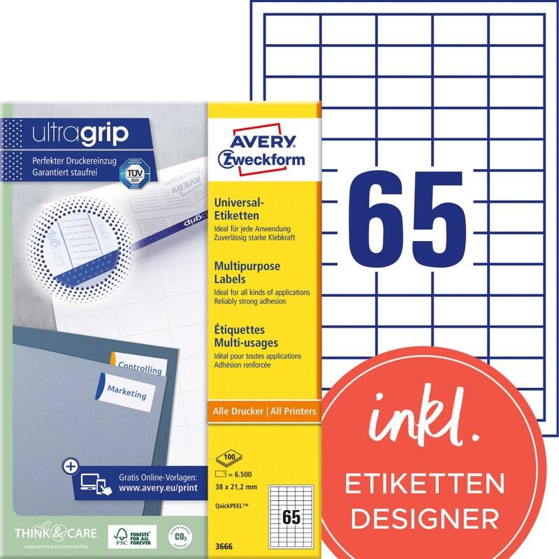 Avery UltraGrip Universele etiketten 3666 Klevend A4 Wit 38 x 21,2 mm 100 Vellen à 65 Etiketten