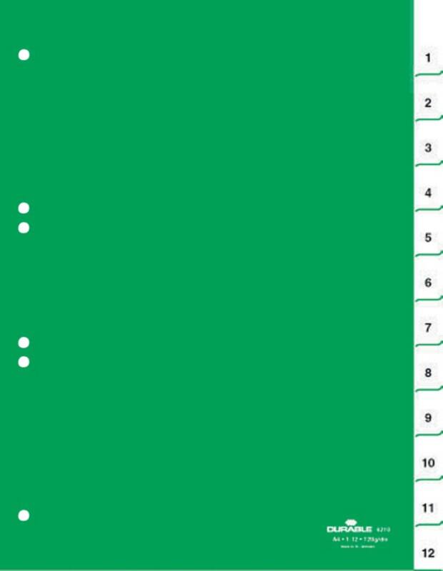 Intercalaires numériques 1 à 12 DURABLE A4 Vert 12 intercalaires PVC (Polychlorure de vinyle) 6 Perforations 6210