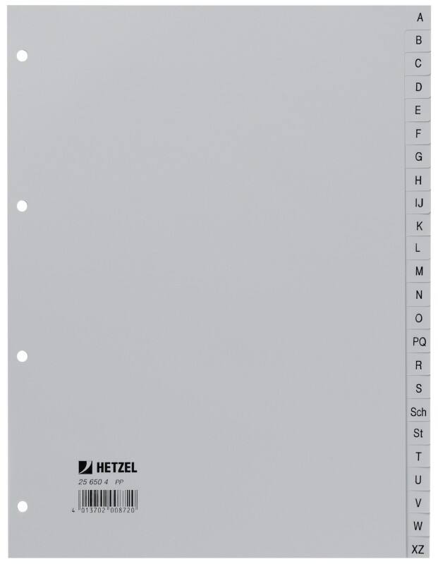 Hetzel Tabbladen Verstevigde Tabs A4 24 tabs Geperforeerd Grijs Polypropyleen A - Z