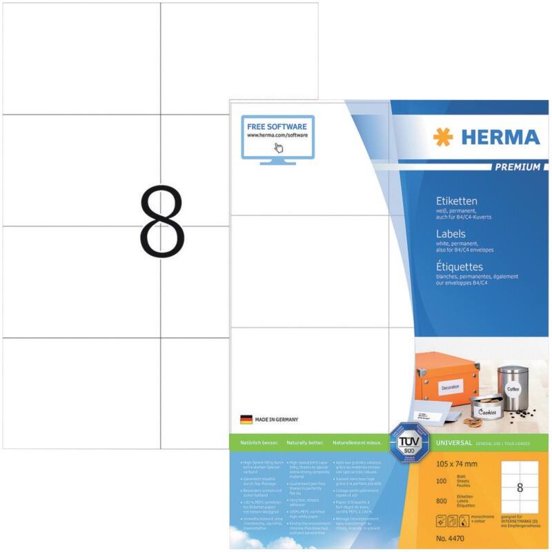 HERMA Etiketten 4470 Klevend A4 Wit 105 x 74 mm  100 Vellen à 8 Etiketten