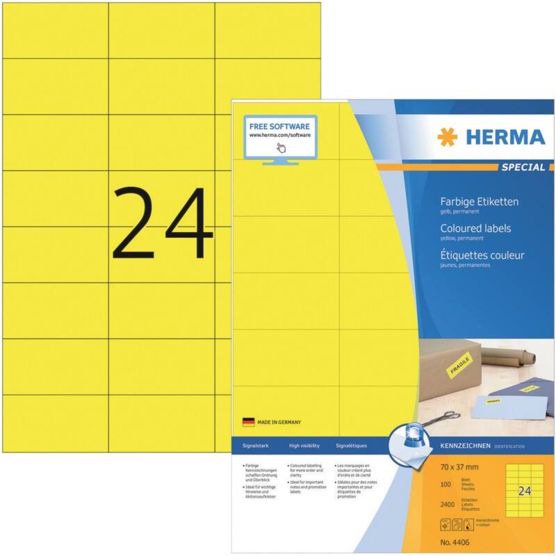 Étiquettes multifonctions HERMA 4406 Adhésif A4 Jaune 70 x 37 mm 100 Feuilles de 24 Étiquettes
