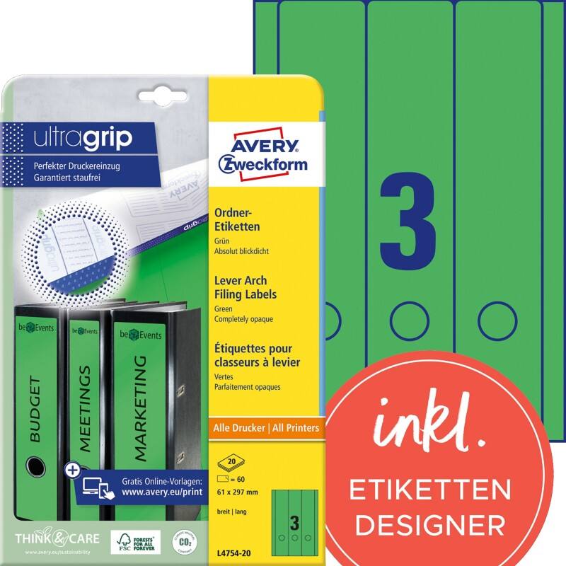Étiquettes pour dos de classeurs Avery Ultragrip L4754-20 Vert A4 61 mm 20 Feuilles de 3 Étiquettes