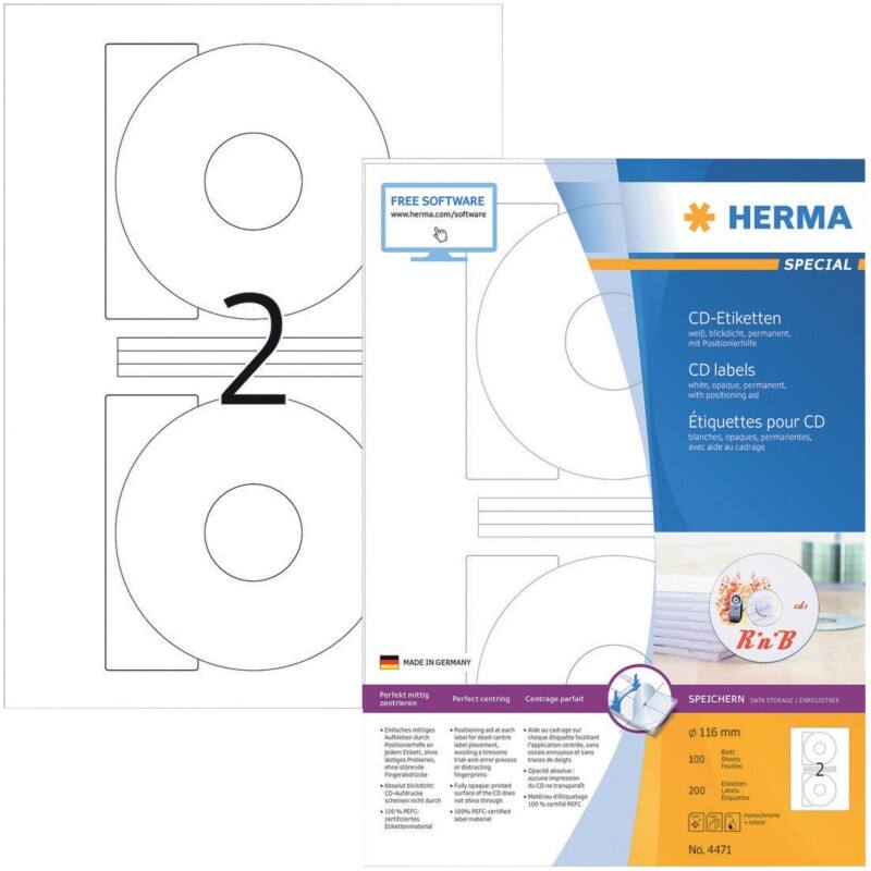 Étiquettes CD/DVD HERMA 4471 adhésif A4 Blanc 116 x 116 mm 100 Feuilles de 2 Étiquettes