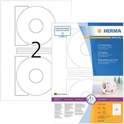 HERMA CD etiketten 4471 Wit Ø 116 mm 100 Vellen à 2 Etiketten