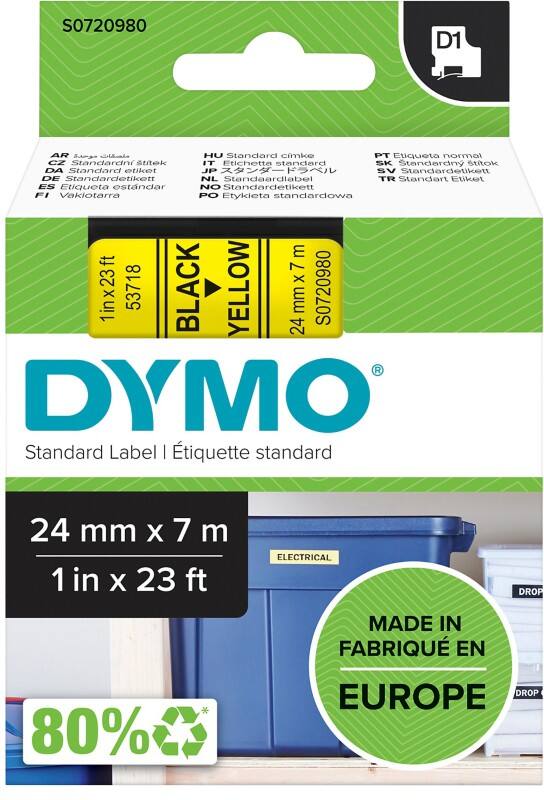 Ruban d’étiquettes Dymo D1 S0720980 / 53718 d’origine Autocollantes Noir sur jaune 24 mm x 7 m
