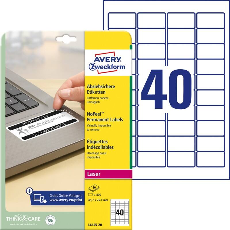 Étiquettes universelles Avery L6145 Adhésif A4 Blanc 45.7 x 25.4 mm 20 Feuilles de 40 Étiquettes