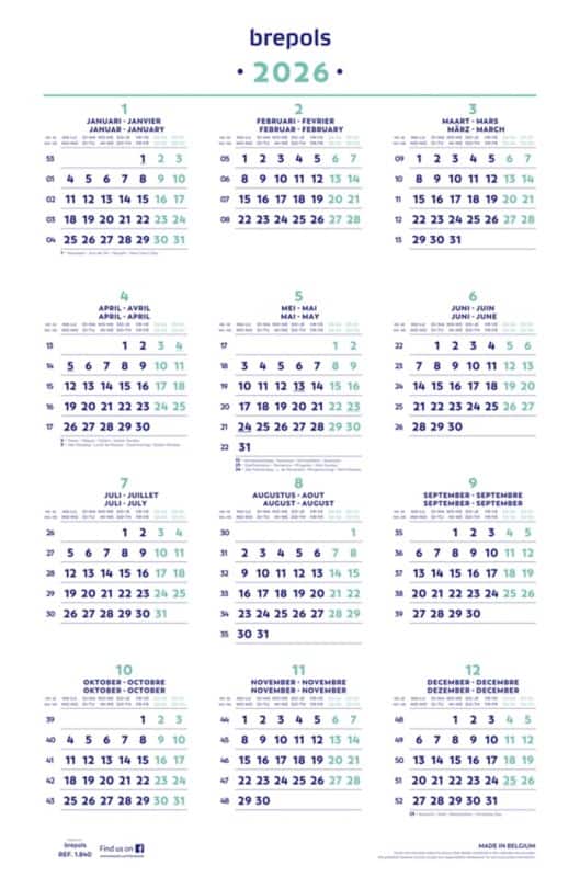 Brepols Jaarplanner 2026 1 Jaar per pagina Duits, Engels, Frans, Nederlands 60,5 (B) x 0,1 (D) x 40 (H) cm Wit