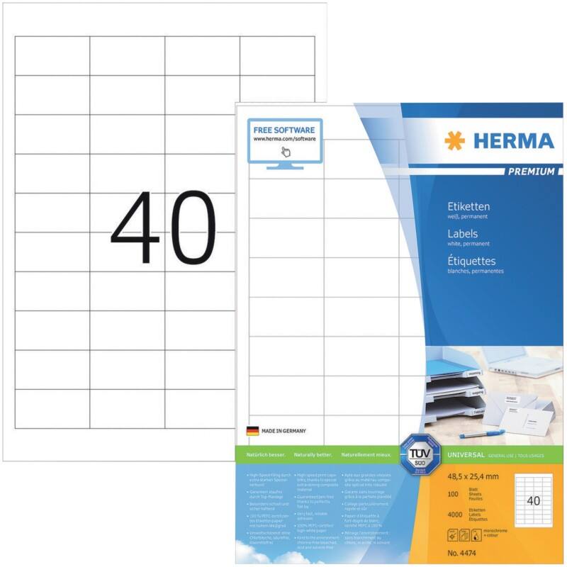 Étiquettes universelles HERMA 4474 Adhésif A4 Blanc 48.5 x 25.4 mm 100 Feuilles de 40 Étiquettes