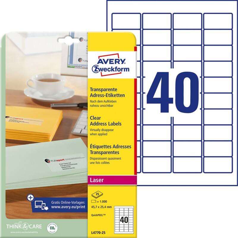 Étiquettes universelles Résistant à l'eau Avery L4770-25 Adhésif A4 Transparent 45.7 x 25.4 mm 25 Feuilles de 40 Étiquettes