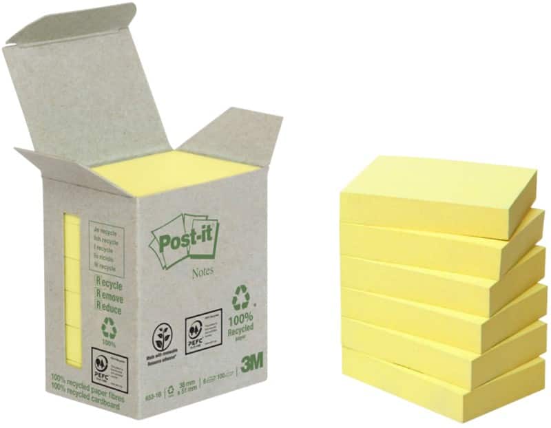 Post-it Sticky Notes 51 x 38 mm Geel 6 Stuks à 100 Vellen Recycled 100%"