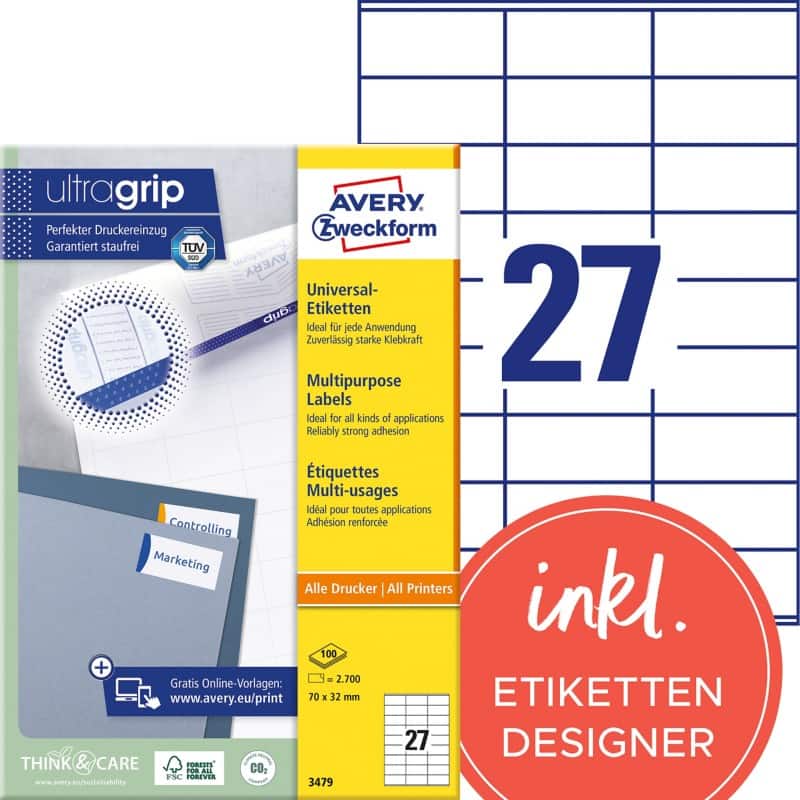 Étiquettes universelles Ultragrip Laser Avery 3479 Adhésif A4 Blanc 70 x 32 mm 100 Feuilles de 27 Étiquettes