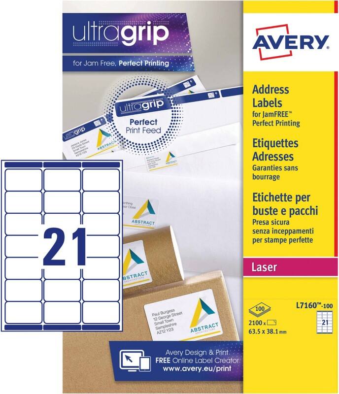 Avery UltraGrip Adresetiketten L7160-100 Klevend A4 Wit 63,5 x 38,1 mm 100 Vellen à 21 Etiketten