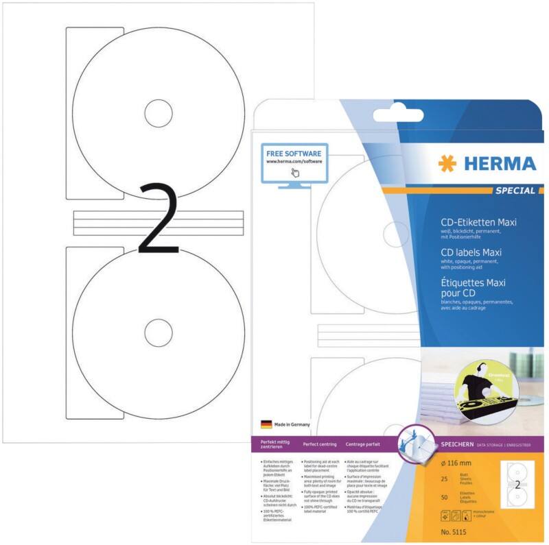 Étiquettes CD/DVD HERMA 5115 adhésif A4 Blanc 116 x 116 mm 25 Feuilles de 2 Étiquettes