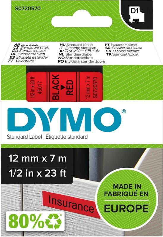 Ruban d'étiquettes DYMO D1 Authentique 45017 S0720570 Autocollantes Noir sur Rouge 12 mm x 7 m