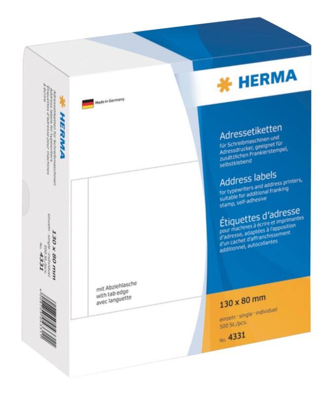 Étiquettes d'adresse HERMA 4331 Adhésif Blanc 130 x 80 mm 500 Unités