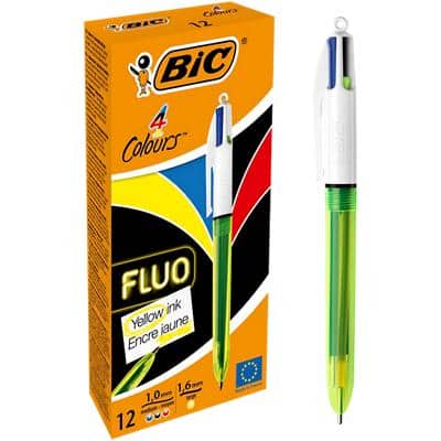 BIC 4-kleuren Fluo Intrekbare Balpen Medium 0.4 mm Pak van 12