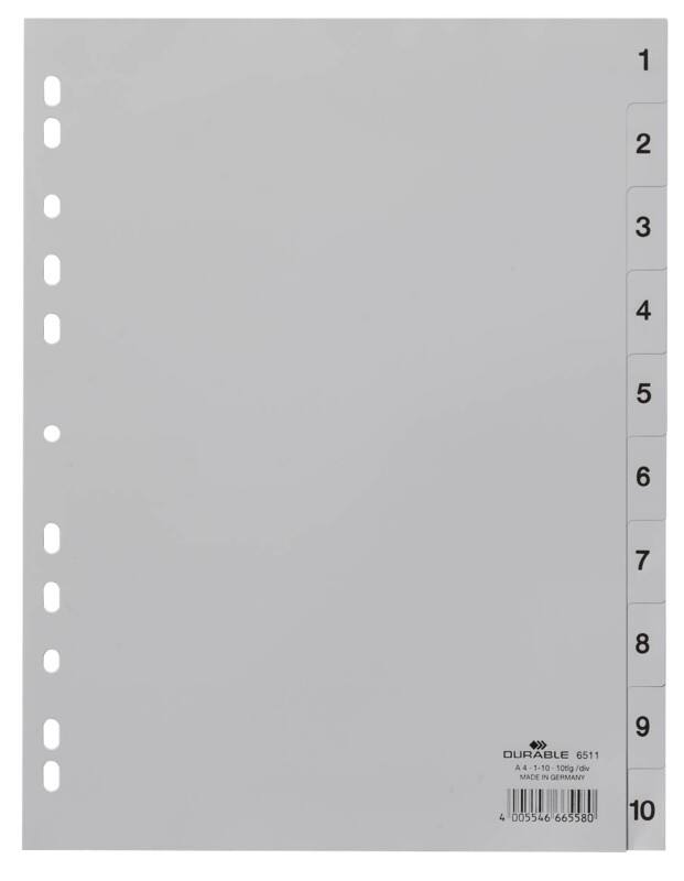 Intercalaires numériques 1 à 10 DURABLE A4 Gris 10 intercalaires PP (Polypropylène) 11 Perforations 6511