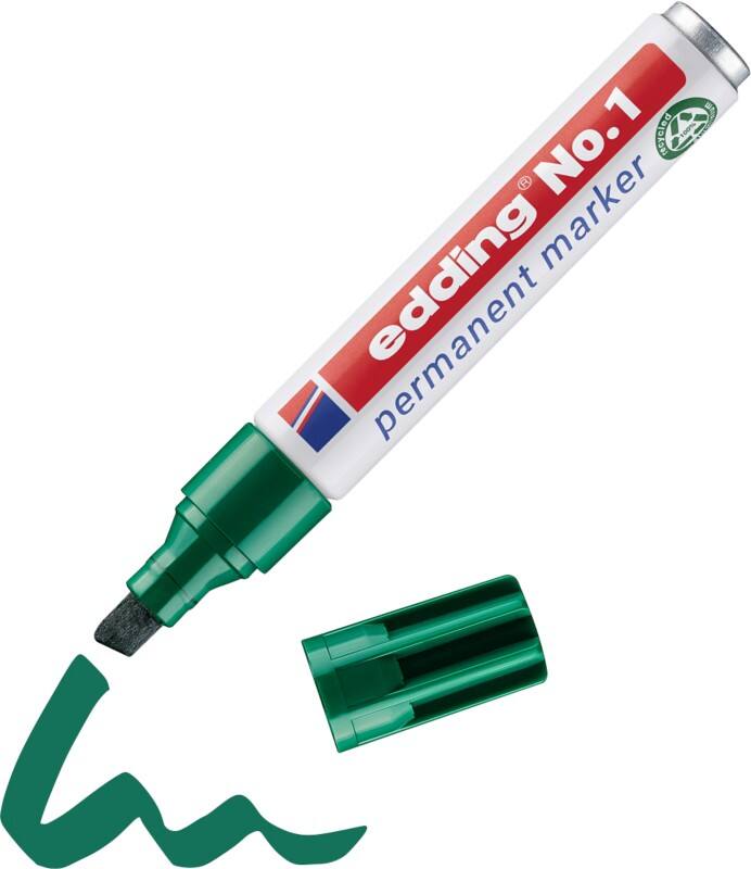 Marqueur permanent edding No, 1 100% Recyclé Large Biseauté 1 - 5 mm Vert Rechargeable Résistant à l'eau