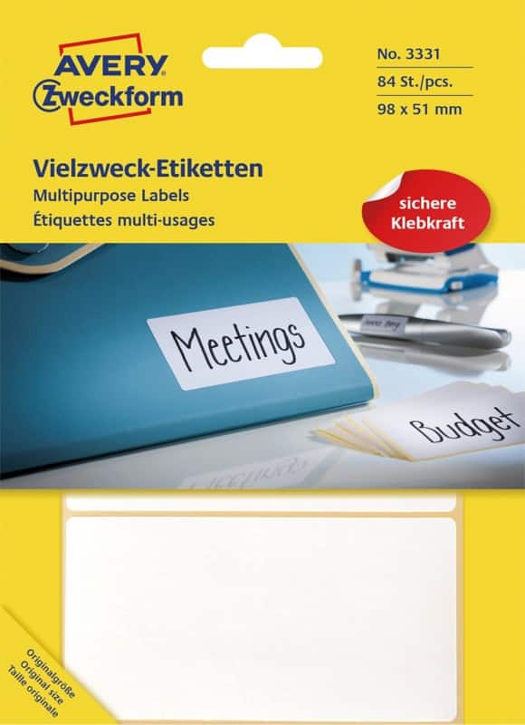 Avery Etiketten 3331 Klevend Wit 98 x 51 mm 28 Vellen à 3 Etiketten
