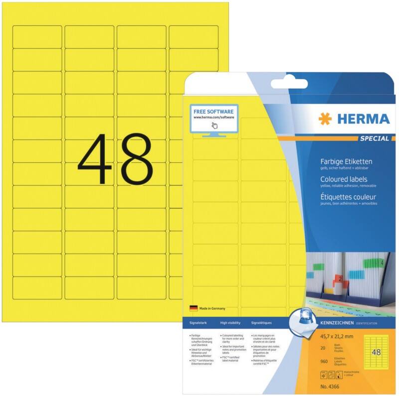 Étiquettes repositionnables HERMA 4366 Jaune Rectangulaires A4 45,7 x 21,2 mm 20 feuilles de 48 étiquettes 4366