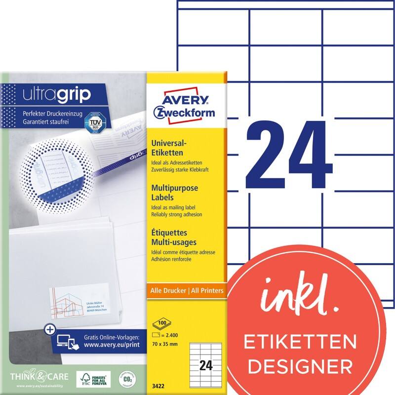 Étiquettes universelles Ultragrip Avery 3422 Adhésif A4 Blanc 70 x 35 mm 100 Feuilles de 24 Étiquettes