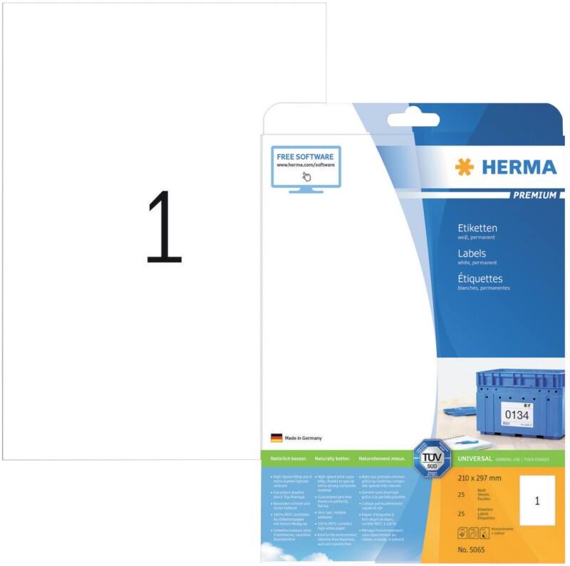 Étiquettes multifonctions Laser HERMA 5065 Adhésif A4 Blanc 210 x 297 mm 25 Feuilles de 1 Étiquettes