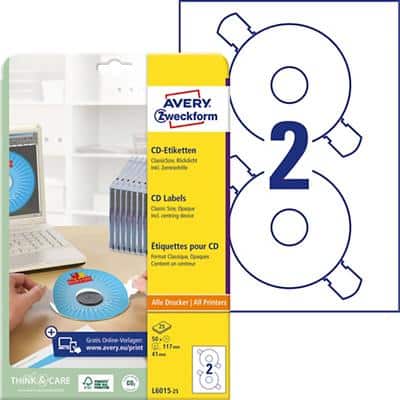 Étiquettes de CD / DVD / disquette Avery L6015-25 Blanc 25 Feuilles de 2 Étiquettes