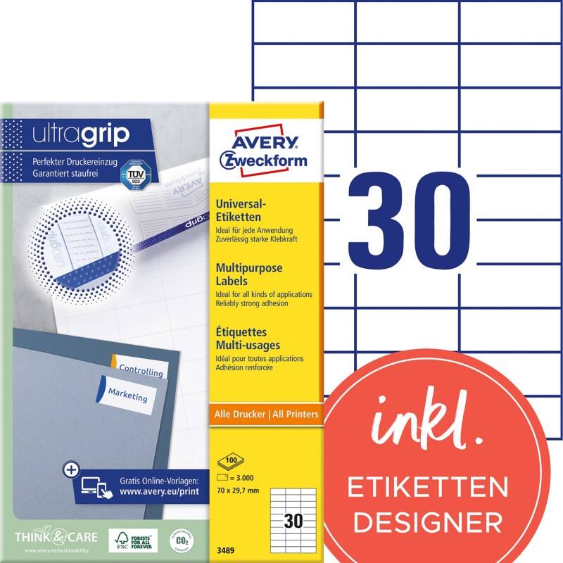Étiquettes universelles Ultragrip Avery 3489 Adhésif A4 Blanc 70 x 29.7 mm 100 Feuilles de 30 Étiquettes