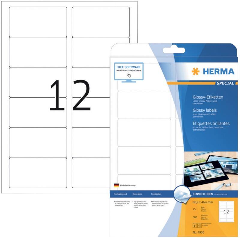 Étiquettes HERMA 4906 adhésif A4 Blanc 88.9 x 46.6 mm 25 Feuilles de 12 Étiquettes
